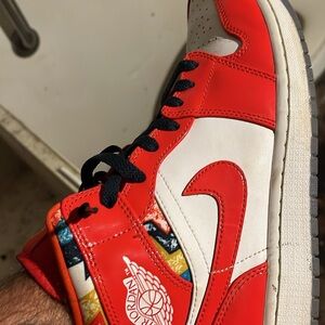 Red and White Athletic Sneakers with Graphic Collar